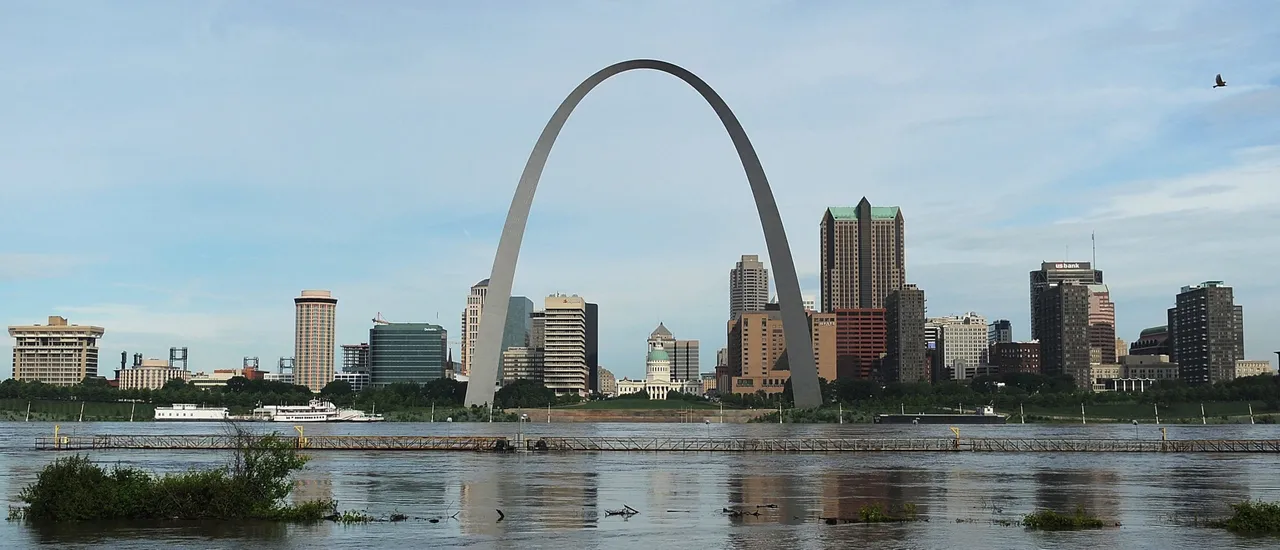 The St. Louis skyline is seen as the Mississippi River swells. (Photo by Michael B. Thomas/Getty Images)
