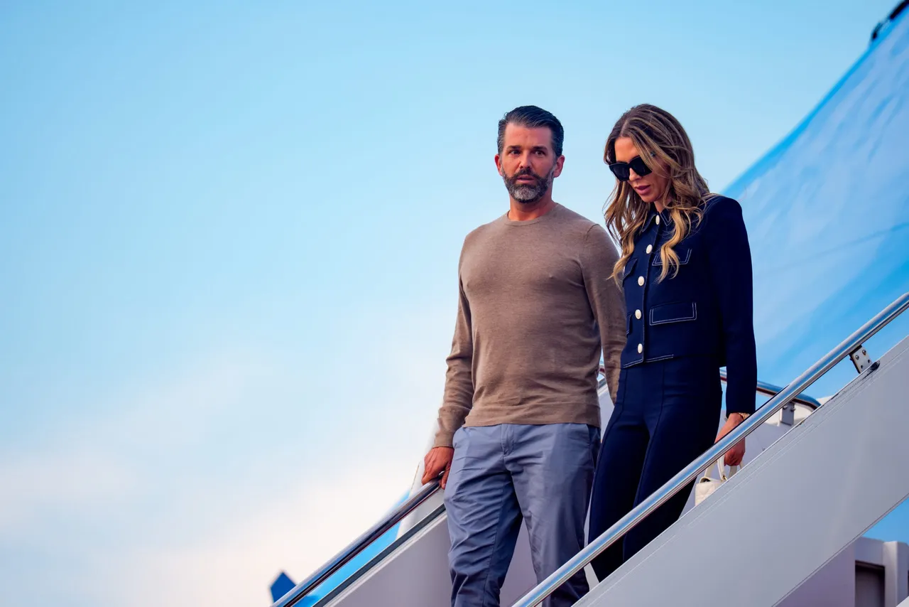 ANDREWS AIR FORCE BASE, MD - JULY 29: Donald Trump Jr., son of U.S. President Donald Trump and his girlfriend Bettina Anderson arrive with U.S. President Donald Trump at Andrews Air Force Base, Maryland on July 29, 2025 before boarding Marine One for a short trip to the White House. President Trump is returning from a trip to Scotland that was part vacation, part work, as he stayed at his Trump Turnberry golf course, followed by Trump International Golf Links in Aberdeenshire, from July 25 to 29. (Photo by Andrew Harnik/Getty Images)