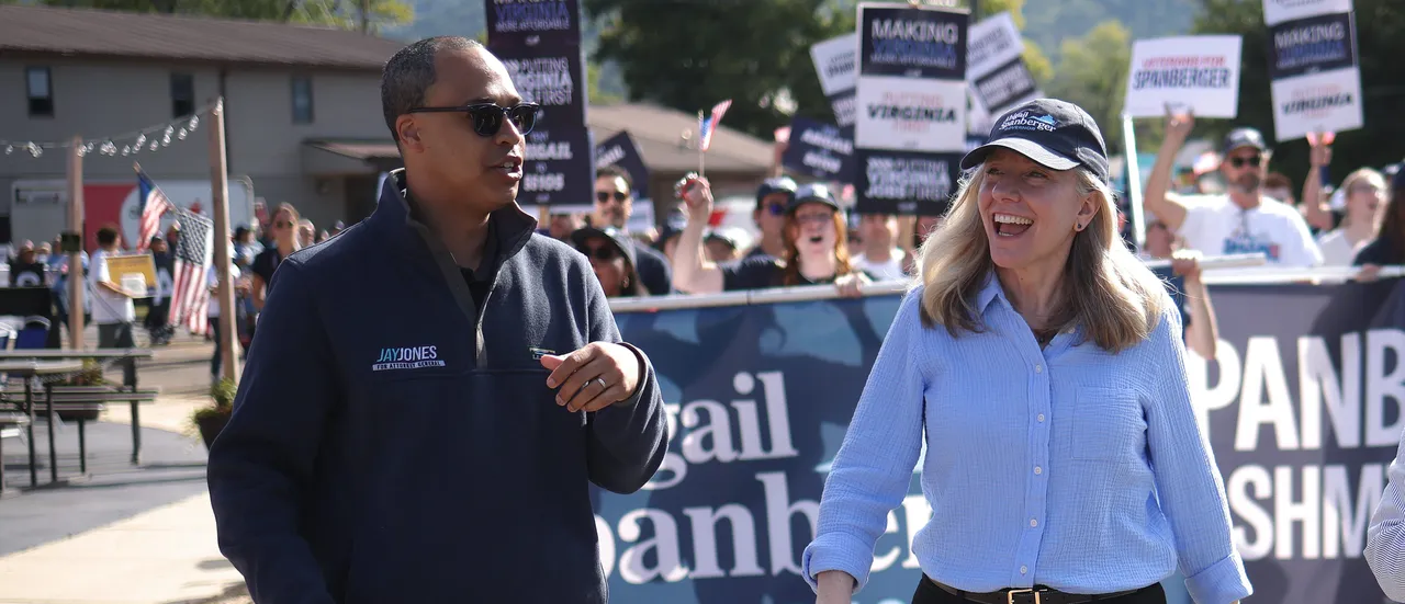  Virginia Democratic gubernatorial candidate, former Rep. Abigail Spanberger (C), marches in the 54th Annual Buena Vista Labor Day Festival parade with Democratic Nominee for Lieutenant Governor, Senator Ghazala Hashmi (R), and Democratic Nominee for Attorney General, former state Delegate Jay Jones (L), on September 01, 2025 in Buena Vista, Virginia. The Commonwealth of Virginia will hold its off-year election for governor and other statewide offices on November 4. (Photo by Win McNamee/Getty Images)