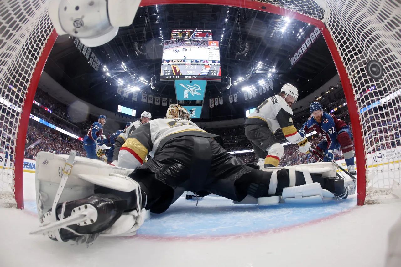 DENVER, COLORADO - MAY 20: Gabriel Landeskog #92 of the Colorado Avalanche scores on Carter Hart #79 of the Vegas Golden Knights during the third period in Game One of the Western Conference Final of the 2026 Stanley Cup Playoffs at Ball Arena on May 20, 2026 in Denver, Colorado. (Photo by Matthew Stockman/Getty Images)