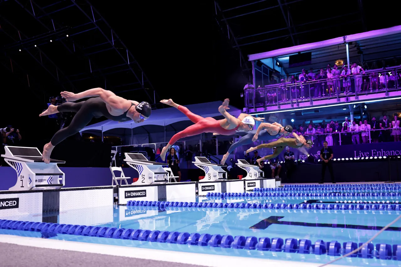 LAS VEGAS, NEVADA - MAY 24: (L-R) Andrii Govorov, Kristian Gkolomeev, Benjamin Proud and James Magnussen competes during the Enhanced Games at Resorts World Las Vegas on May 24, 2026 in Las Vegas, Nevada. (Photo by Greg Doherty/Getty Images for Enhanced)