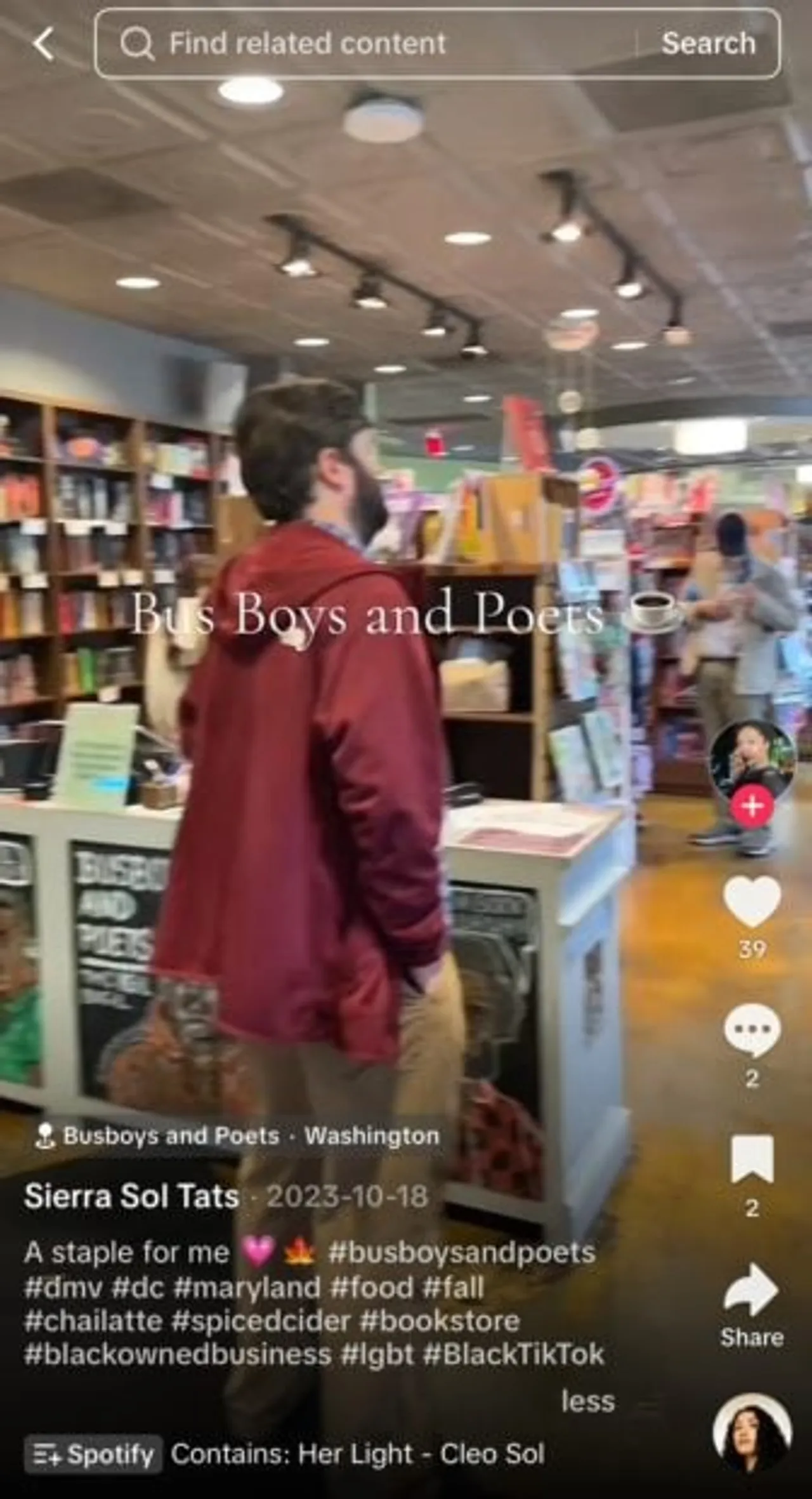 A TikTok showing a Busboys and Poets location highlighted how the restaurant has been publicly listed and promoted as a Black-owned business on various platforms and campaigns, drawing attention to how ownership labels are presented online.