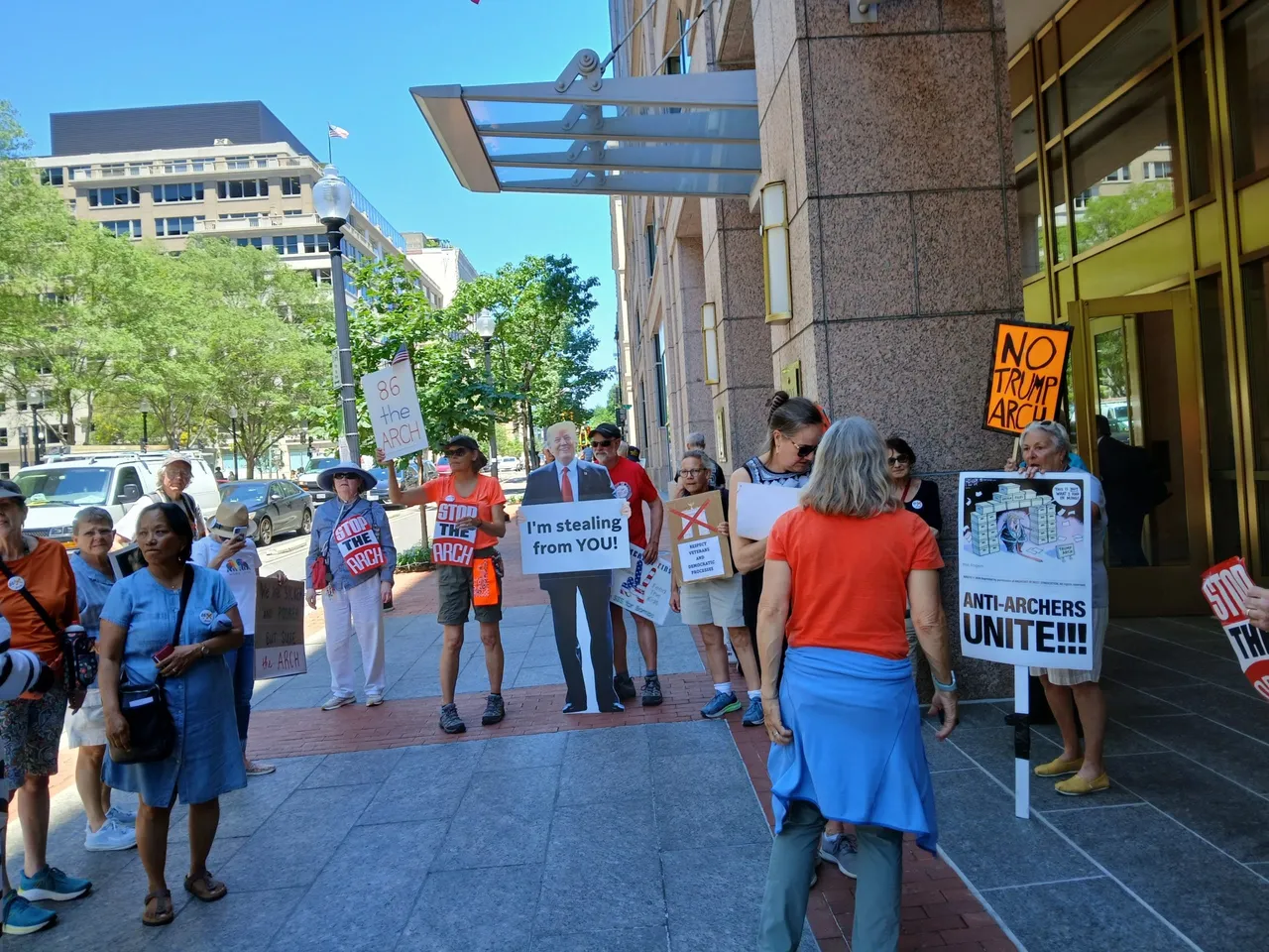 Protestors of the proposed Memorial Arch demonstrating outside the NCPC on June 4, 2026. (Photo by the Daily Caller News Foundation)
