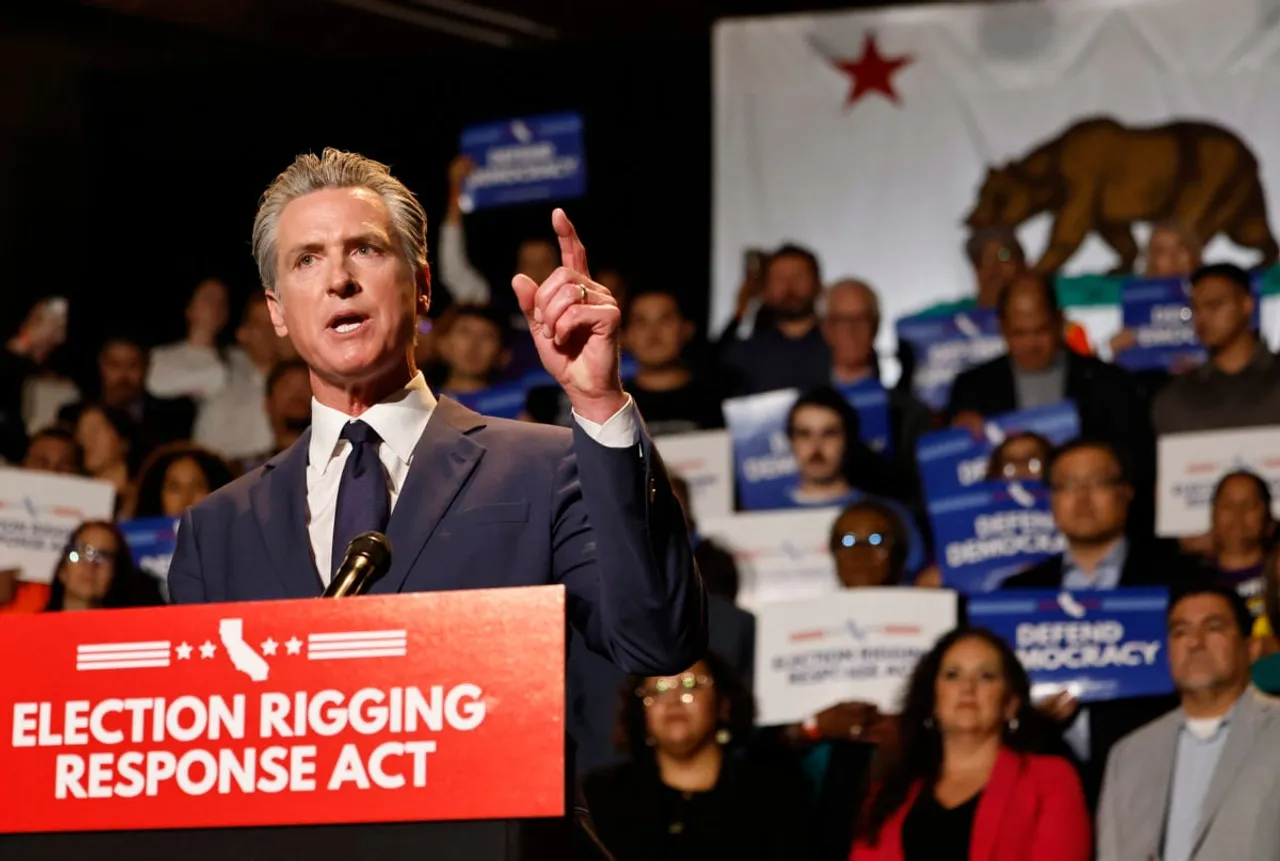 LOS ANGELES, CALIFORNIA - AUGUST 14: California Governor Gavin Newsom speaks about the “Election Rigging Response Act” at a press conference at the Democracy Center, Japanese American National Museum on August 14, 2025 in Los Angeles, California. Newsom spoke about a possible California referendum on redistricting to counter the legislative effort to add five Republican House seats in the state of Texas. (Photo by Mario Tama/Getty Images)