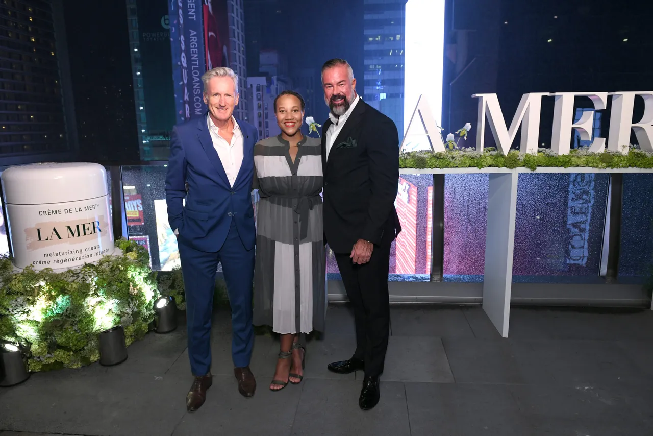 NEW YORK, NEW YORK - SEPTEMBER 12: Group President, North America Estee Lauder Companies and La Mer Chris Good, NEW YORK, NEW YORK - SEPTEMBER 12: Director Consumer Engagement, North America Estee Lauder Companies and La Mer Rie Maiden and VP General Manager, North America Estee Lauder Companies and La Mer Kendal Ascher attend La Mer x Nina Garcia Regenerating Serum Dinner at The Times Square EDITION on September 12, 2019 in New York City. (Photo by Bryan Bedder/Getty Images for La Mer)