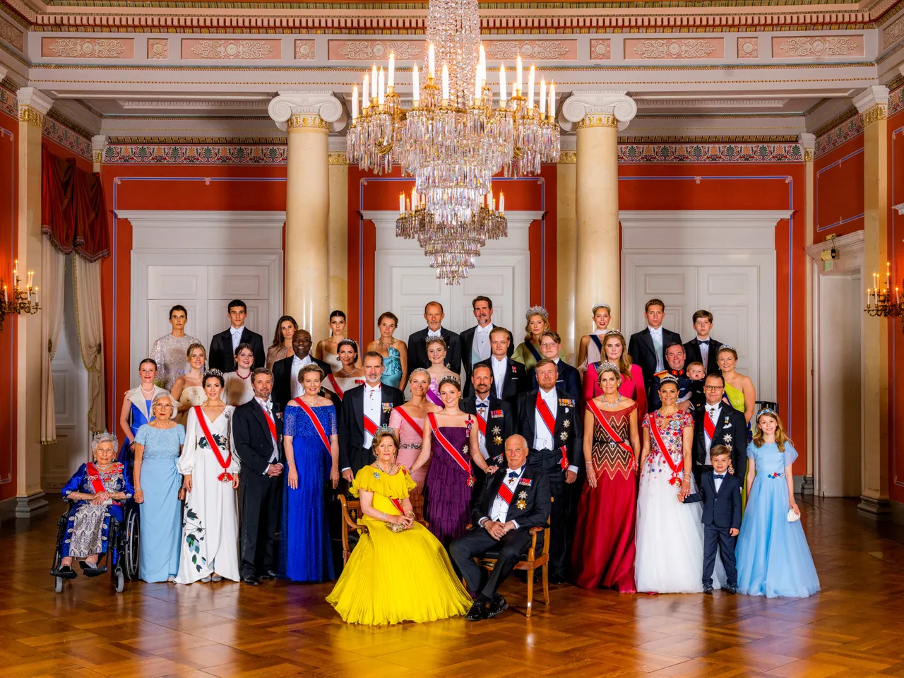 Norway's Princess Ingrid Alexandra (front C) poses for a with Norway's Queen Sonja and King Harald and other guests on the occasion of a gala dinner for her 18th birthday in Oslo on June 17, 2022: (first row from L): Norway's Princess Astrid, Marit Tjessem, Denmark's Crown Princess Mary, Denmark's Crown Prince Frederik, Belgium's Queen Mathilde, Spain's King Felipe, Sweden's Crown Princess Mette-Marit, Norway's Crown Prince Haakon, Netherlands' King Willem Alexander, Netherlands' Queen Maxima, Sweden's Crown Princess Victoria, Sweden's Prince Daniel, Sweden's Princess Estelle, and Sweden's Prince Oscar, (2nd row from L): Emma Tallulah Behn, Leah Isadora Behn, Maud Angelica Behn, Durek Verret, Norway's Princess Märtha Louise, Belgium's Princess Elisabeth, Marius Borg Hoeiby, Norway's Prince Sverre Magnus, Netherlands' Princess Catharina-Amalia, Luxembourg's Grand Duke Guillaume, Luxembourg's Grand Duchess Stephanie and Luxembourg's Prince Charles, (third row from L) Rosario Nadal, Bulgaria's Prince Tassilo, Bulgaria's Princess Olimpia Preslavska, Bulgaria's Princess Mafalda Cecilia Preslavska, Katharine Jibba Butler, Prince Kyril, Greece's Crown Prince Pavlos, Greece's Princess Marie Chantal, Greece's Princess Olympia, Prince Constantine and Prince Aristides. Princess Ingrid Alexandra turned 18 on January 21, 2022. The celebrations were postponed until June due to the infection situation and coronavirus restrictions. (Photo by Håkon Mosvold Larsen / NTB / AFP via Getty Images) / Norway OUT