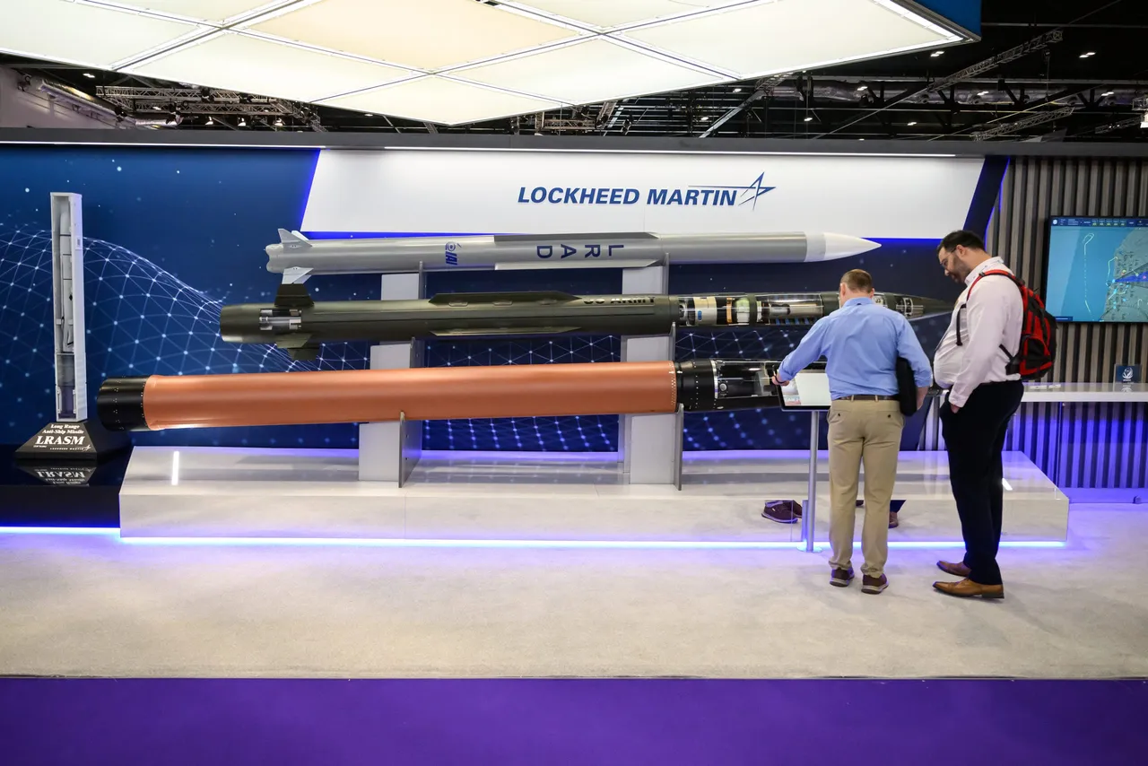Visitors look at the BARAK (top), PAC-3 MSE (middle) and THAAD (bottom) missiles from Lockheed Martin on day one of the Defence and Security Equipment International (DSEI) fair at ExCel on September 12, 2023 in London, England. (Photo by Leon Neal/Getty Images)