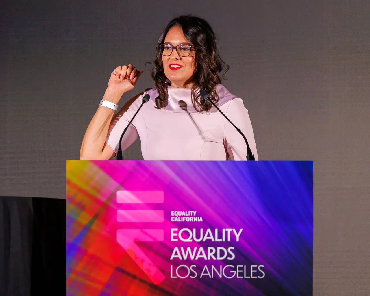 LOS ANGELES, CALIFORNIA - OCTOBER 14: Assembly Member Blanca Pacheco speaks on stage at the Los Angeles Equality Awards at The Westin Bonaventure Rooftop on October 14, 2023 in Los Angeles, California. (Photo by Rich Polk/Getty Images for Equality California)