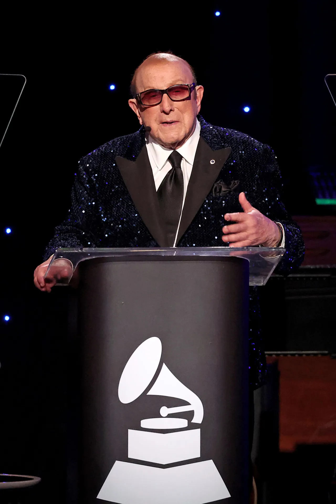 LOS ANGELES, CALIFORNIA - FEBRUARY 03: Clive Davis speaks onstage during the Pre-GRAMMY Gala & GRAMMY Salute to Industry Icons Honoring Jon Platt at The Beverly Hilton on February 03, 2024 in Los Angeles, California. (Photo by Leon Bennett/Getty Images for The Recording Academy)
