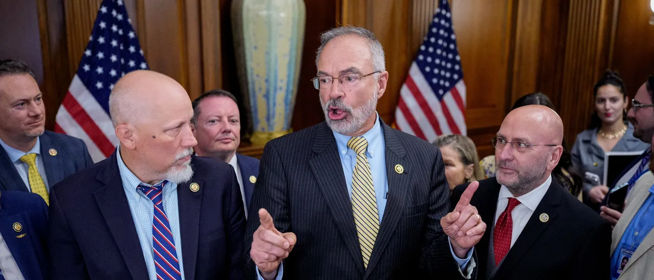 WASHINGTON, DC - MAY 21: House Freedom Caucus chair Rep. Andy Harris (R-MD) (2nd-R), accompanied by Rep. Andrew Clyde (R-GA) (L), Rep. Michael Cloud (R-TX) (2nd-L), Rep. Chip Roy (R-TX) (3rd-L), Rep. Eric Burlison (R-MO) (4th-L), and Rep. Clay Higgins (R-LA) (R), speaks about the ongoing negotiations between House leadership, the White House and the House Freedom Caucus on the "One, Big, Beautiful Bill" at the U.S. Capitol Building on May 21, 2025 in Washington, DC. The House Rules Committee continues to debate President Trump's tax and economic reform package as House Republicans attempt to bring the bill to the floor sometime this week for a vote. (Photo by Andrew Harnik/Getty Images)