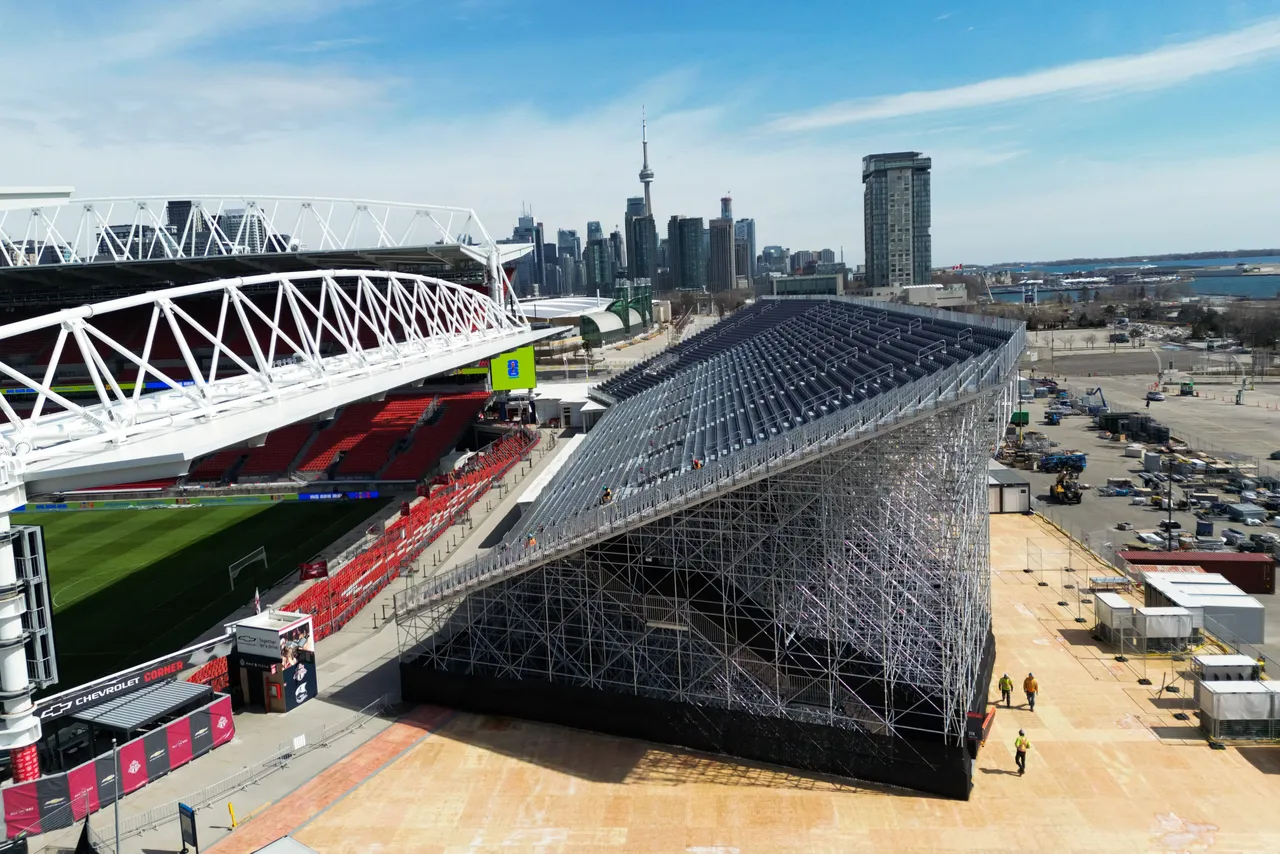 Temporary bleacher seating is installed to add extra capacity near the regular stands at BMO Field in Toronto, Canada on March 24, 2026, ahead of the upcoming FIFA World Cup. BMO Field will host matches during the 2026 FIFA World Cup. (Photo by Cole BURSTON / AFP via Getty Images)