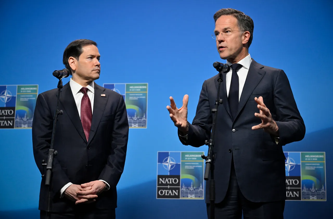NATO Secretary General Mark Rutte (R) and US Secretary of State Marco Rubio give remarks at the NATO Foreign Ministers' meeting in Helsingborg, Sweden, on May 22, 2026.(Photo by Johan NILSSON / TT NEWS AGENCY / AFP via Getty Images)