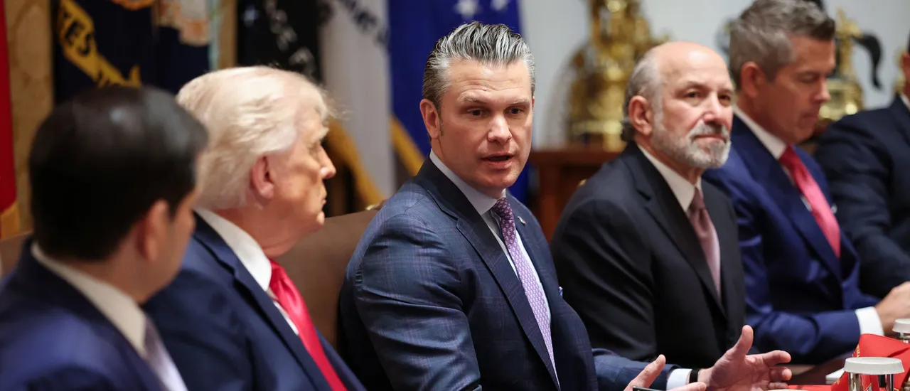 WASHINGTON, DC - MAY 27: U.S. Secretary of War Pete Hegseth (C) speaks as (L-R) U.S. Secretary of State Marco Rubio, U.S. President Donald Trump, U.S. Commerce Secretary Howard Lutnick, and U.S. Transportation Secretary Sean Duffy listen during a Cabinet meeting in the Cabinet Room of the White House on May 27, 2026 in Washington, DC. Trump meets with his Cabinet days after saying a peace deal with Iran was “largely negotiated” amid expectations around the re-opening the Strait of Hormuz. (Photo by Win McNamee/Getty Images)