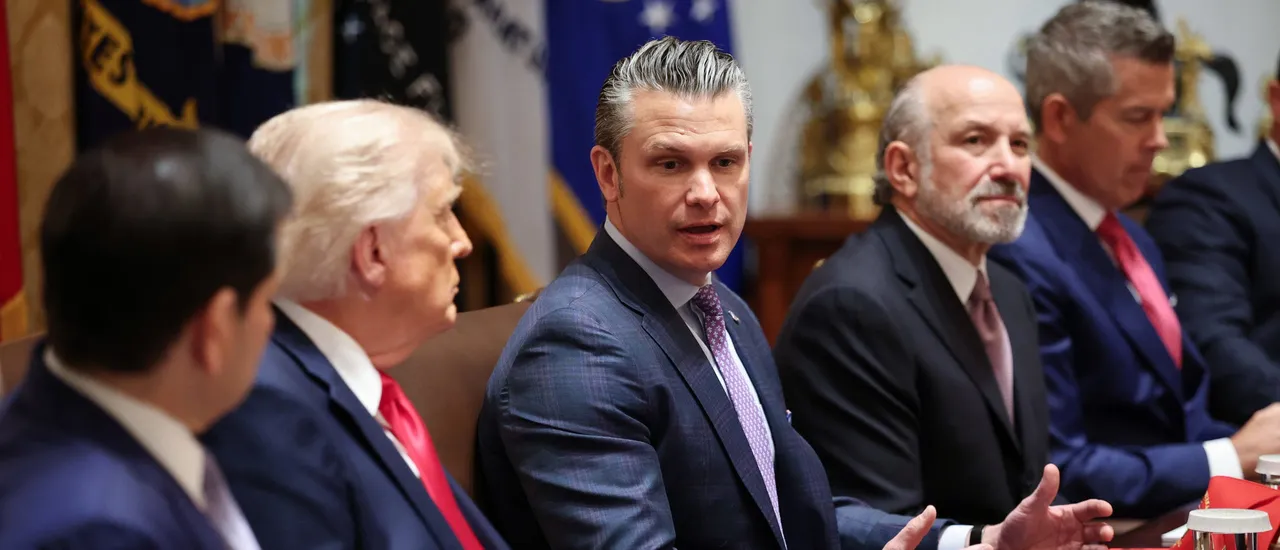 WASHINGTON, DC - MAY 27: U.S. Secretary of War Pete Hegseth (C) speaks as (L-R) U.S. Secretary of State Marco Rubio, U.S. President Donald Trump, U.S. Commerce Secretary Howard Lutnick, and U.S. Transportation Secretary Sean Duffy listen during a Cabinet meeting in the Cabinet Room of the White House on May 27, 2026 in Washington, DC. Trump meets with his Cabinet days after saying a peace deal with Iran was “largely negotiated” amid expectations around the re-opening the Strait of Hormuz. (Photo by Win McNamee/Getty Images)