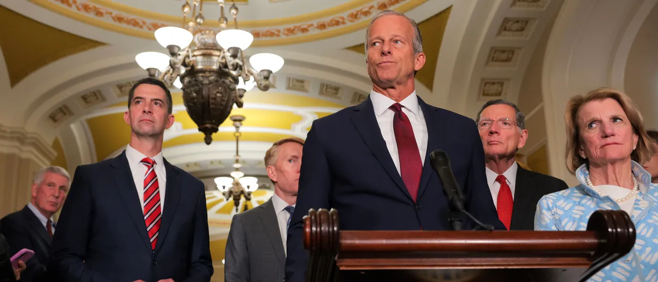 WASHINGTON, DC - JUNE 02: U.S. Senate Majority Leader John Thune (R-SD) speaks during a news conference following a weekly policy luncheon with Senate Republicans at the U.S. Capitol on June 02, 2026 in Washington, DC. Republican leadership spoke on a range of topics including the reconciliation bill. Thune was joined by U.S. Sen. Tom Cotton (R-AK), U.S. Sen. James Lankford (R-OK), U.S. Sen. John Barrasso (R-WY) and U.S. Sen. Shelley Moore Capito (R-WV). (Photo by Anna Moneymaker/Getty Images)