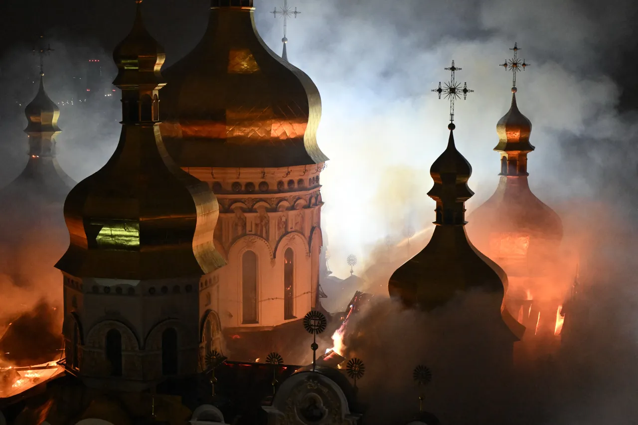 Smoke and fire rises from the Dormition Cathedral in the Orthodox complex of the Kyiv Pechersk Lavra following a Russian missile strike on the Ukrainian capital Kyiv on June 15, 2026, amid the Russian invasion in Ukraine. (Photo by Genya SAVILOV / AFP via Getty Images)