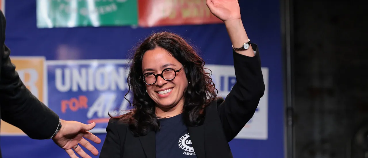 NEW YORK, NEW YORK - JUNE 23: Congressional candidate Claire Valdez takes the stage during her primary-night watch party at 99 Scott Studio on June 23, 2026 in the East Williamsburg neighborhood of the Brooklyn borough in New York City. Valdez won her race against Brooklyn borough President Antonio Reynoso in the 7th District to succeed retiring Rep. Nydia Velazquez (D-NY). Valdez was one of three progressive candidates endorsed by Mayor Zohran Mamdani. (Photo by Michael M. Santiago/Getty Images)