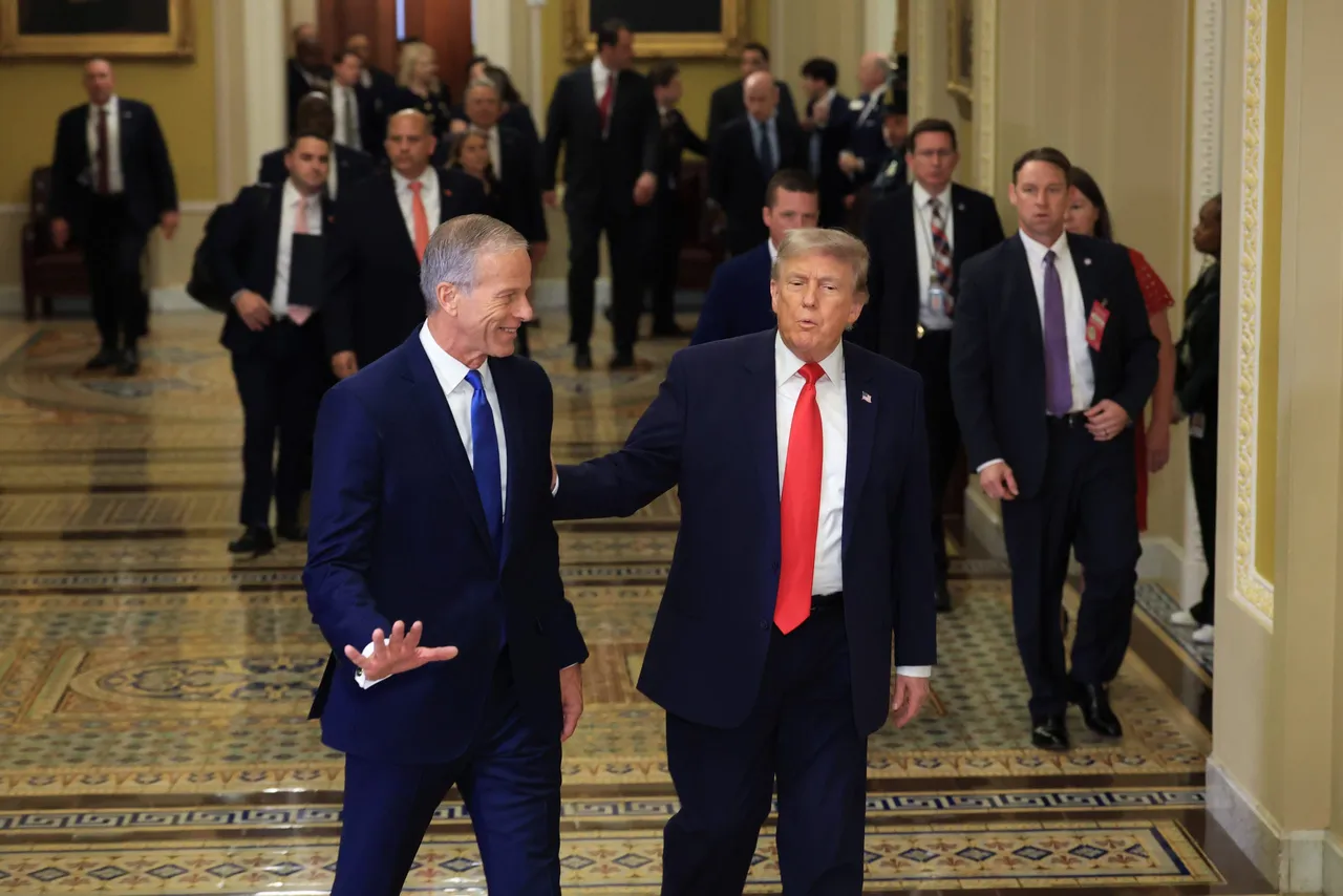 WASHINGTON, DC - JUNE 24: U.S. Senate Majority Leader John Thune (R-SD) (L) and U.S. President Donald Trump arrive at the U.S. Capitol on June 24, 2026 in Washington, DC. President Trump is visiting Capitol Hill to attend a closed-door luncheon with the Republican Senate Steering Committee to push his SAVE America Act, which would impose strict voter ID and proof-of-citizenship requirements in federal elections. (Photo by Anna Moneymaker/Getty Images)