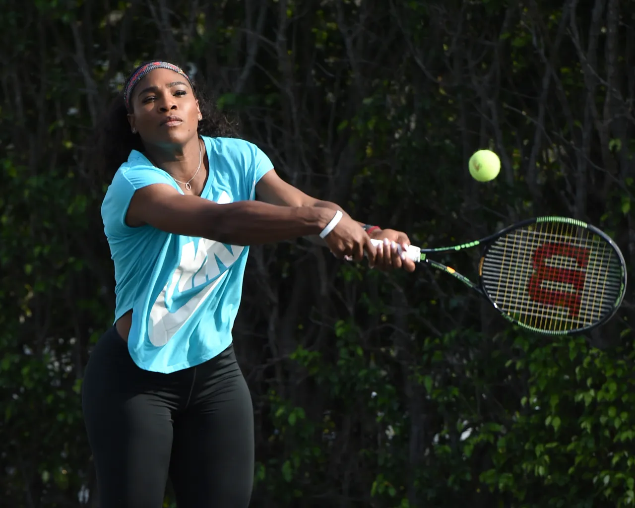 KEY BISCAYNE, FL - MARCH 24: Serena Williams participates in All Star Tennis Charity Event at Cliff Drysdale Tennis Center, Ritz Carlton Key-Biscayne on March 24, 2015 in Key Biscayne, Florida. (Photo by Larry Marano/Getty Images)