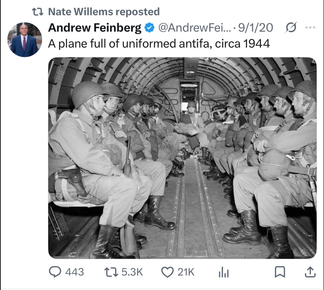 A screenshot of Nate Willem's X account shows his repost of content that glorifies Antifa in comparison to U.S. paratroopers in World War II. (Screenshot obtained by the Daily Caller News Foundation via X)