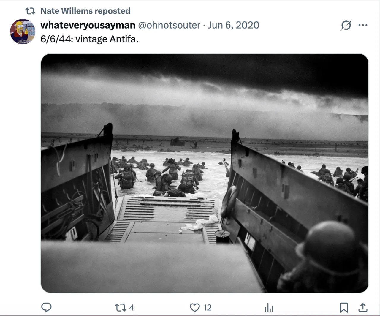 A screenshot of Nate Willem's X account shows his repost of content that glorifies Antifa in comparison to the U.S. troops who stormed Omaha Beach on D-Day in World War II. (Screenshot obtained by the Daily Caller News Foundation via X)