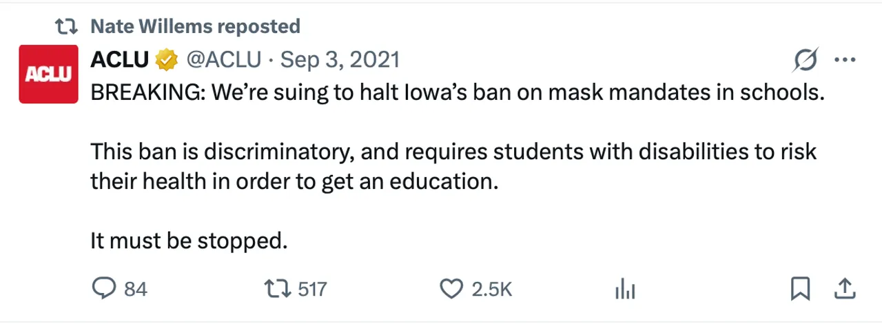 A screenshot of Nate Willem's X account shows his repost of an ACLU statement calling for masks in schools. (Screenshot obtained by the Daily Caller News Foundation via X)