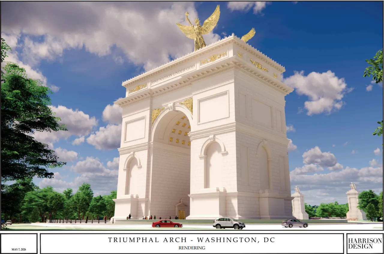 Triumphal Arch front elevation rendering by Harrison Design [Screenshot/Public/NCPC.gov]