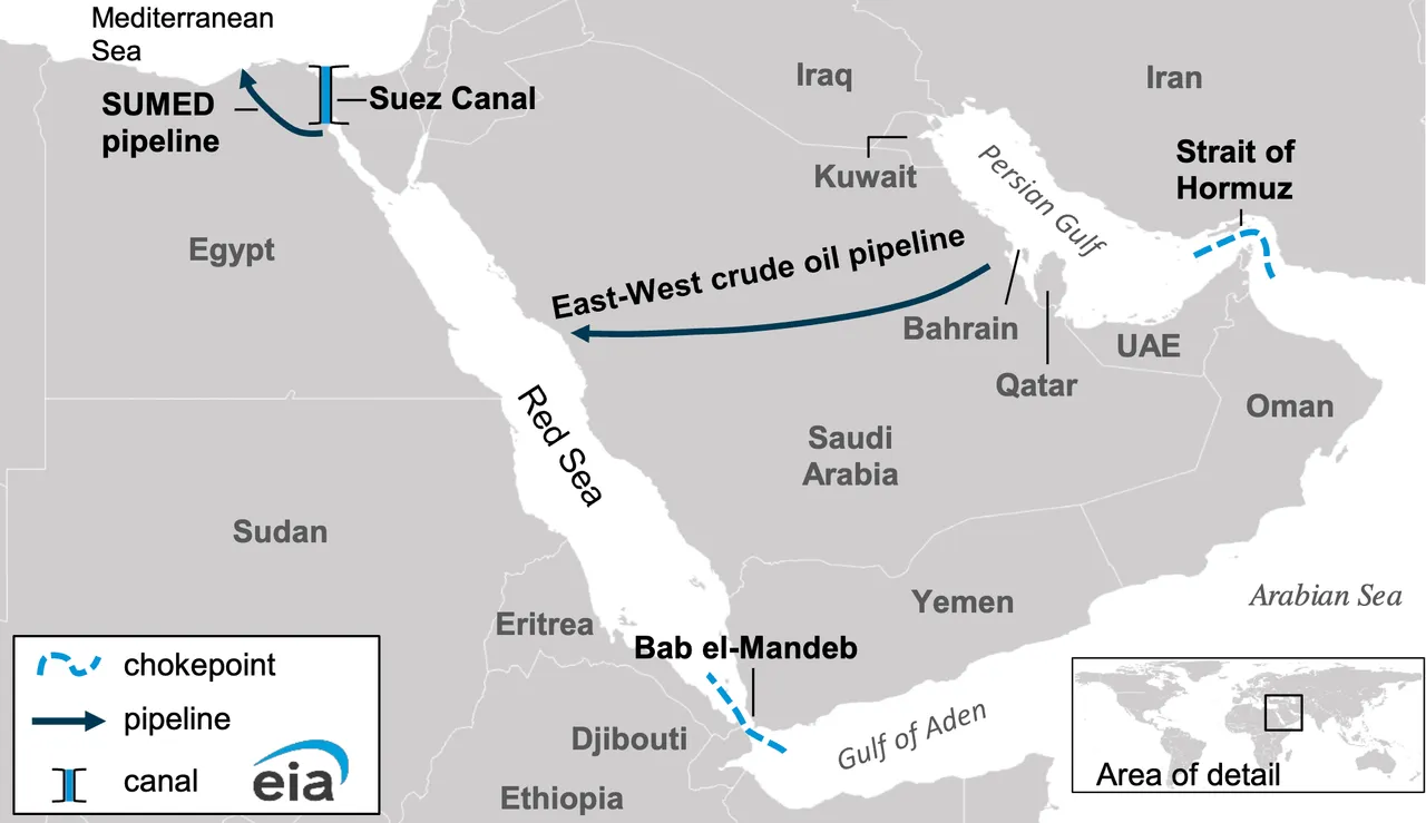 A map from the U.S. Energy Information Administration shows an approximation of the pipeline moving oil across Saudi Arabia to avoid the Strait of Hormuz. (Map created by the U.S. Energy Information Administration / Screenshot Obtained by the Daily Caller News Foundation)