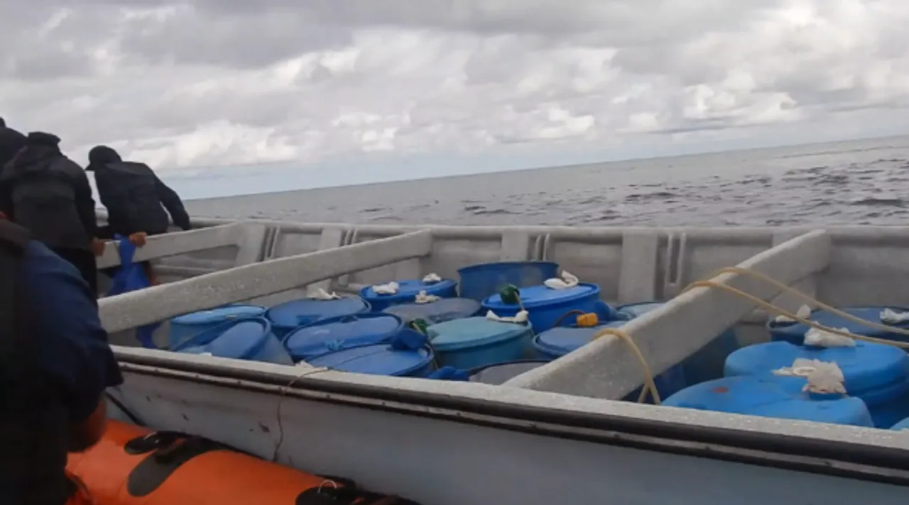 U.S. Coast Guard personnel recover and secure illicit narcotics during a maritime interdiction in the Eastern Pacific as part of Operation Pacific Viper, aimed at disrupting drug smuggling routes bound for the United States.