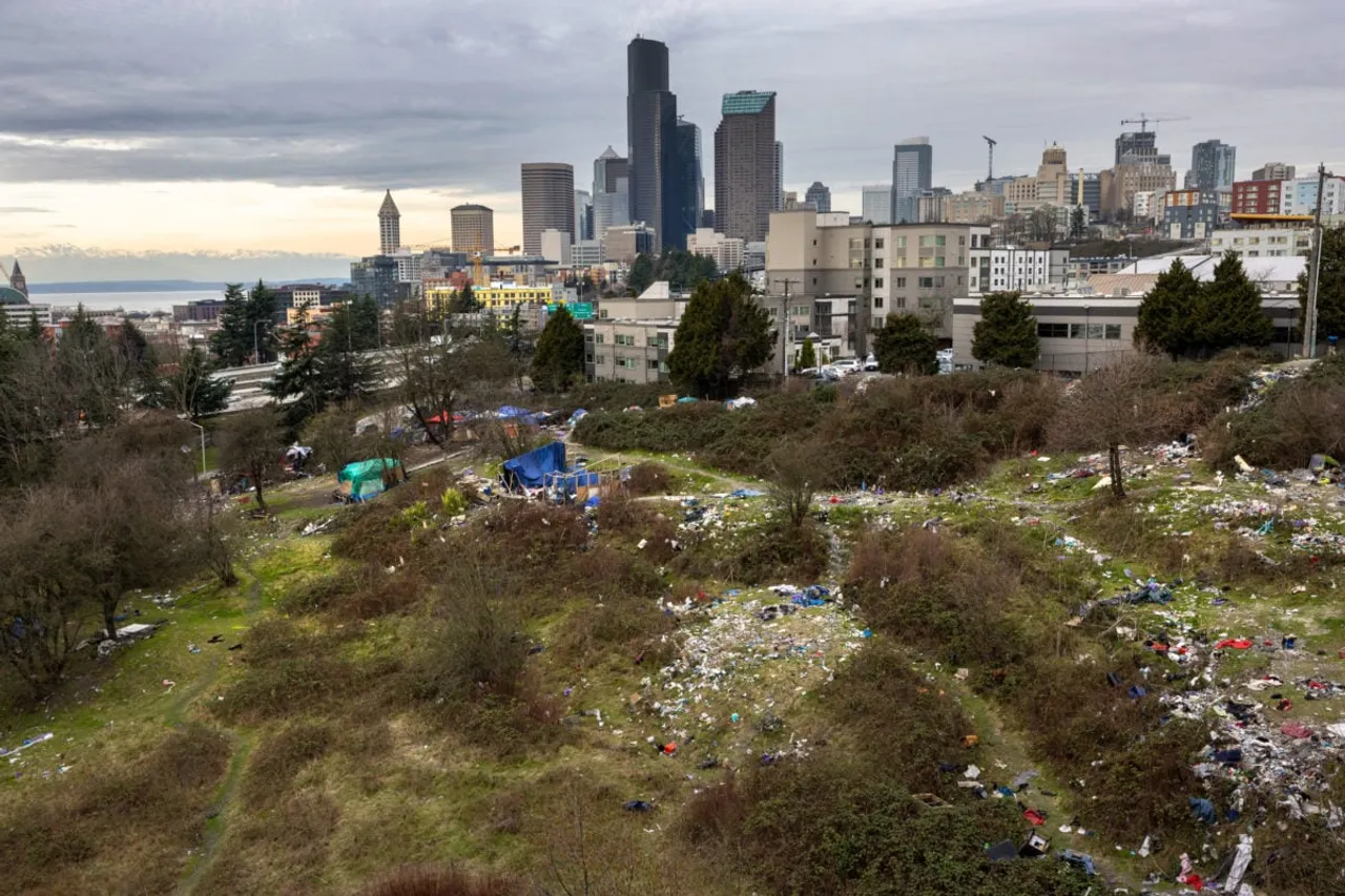 SEATTLE, WASHINGTON - MARCH 11: A homeless encampment, known informally as "Dope Slope" stands covered in garbage near downtown Seattle on March 11, 2022 in Seattle, Washington. The city government is currently working to remove such encampments from shared spaces throughout Seattle. According to a recent report commissioned by Seattle Councilmember Andrew Lewis, the COVID-19 pandemic put undue pressure on the city's shelter system and delayed funds for new housing, leading to an increase in homelessness. (Photo by John Moore/Getty Images)