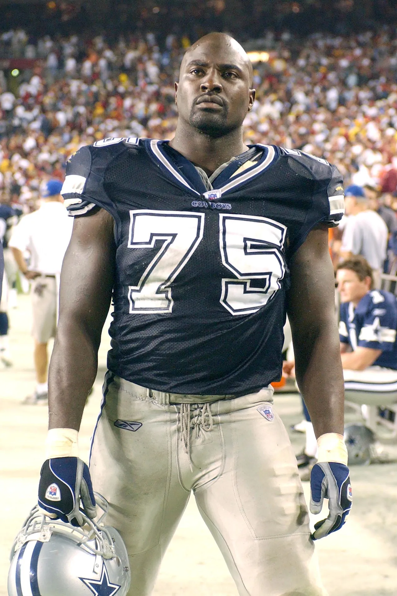 LANDOVER, MD - SEPTEMBER 27: Marcellus Wiley #75 of the Dallas Cowboys looks on during a NFL football game against the Washington Redskin on September 27, 2004 at FedExField in Landover, Maryland. (Photo by Mitchell Layton/Getty Images)