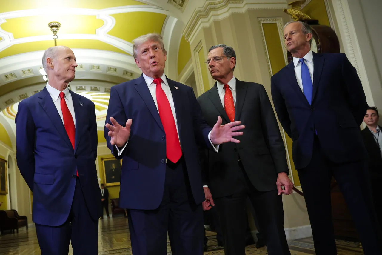 U.S. President Donald Trump (C) speaks to the media as he departs with (L-R)U.S. Sen. Rick Scott (R-FL), U.S. Senate Majority Whip John Barrasso (R-WY), and U.S. Sen. Majority Leader John Thune (R-SD) after meeting with Republican senators at the U.S. Capitol on June 24, 2026 in Washington, DC. President Trump is visiting Capitol Hill to attend a closed-door luncheon with the Republican Senate Steering Committee to push his SAVE America Act, which would impose strict voter ID and proof-of-citizenship requirements in federal elections. (Photo by Kevin Dietsch/Getty Images)