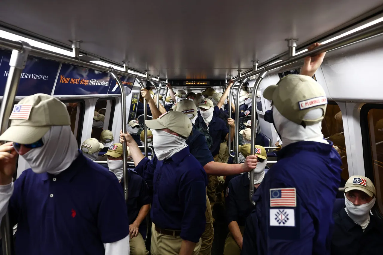 WASHINGTON, DC - JULY 04: Members of the white supremacist group Patriot Front ride the Washington Metro on July 04, 2026 in Washington, DC. Numerous events, activities, and fireworks are planned in celebration of America's 250th Anniversary. (Photo by Finn Gomez/Getty Images)