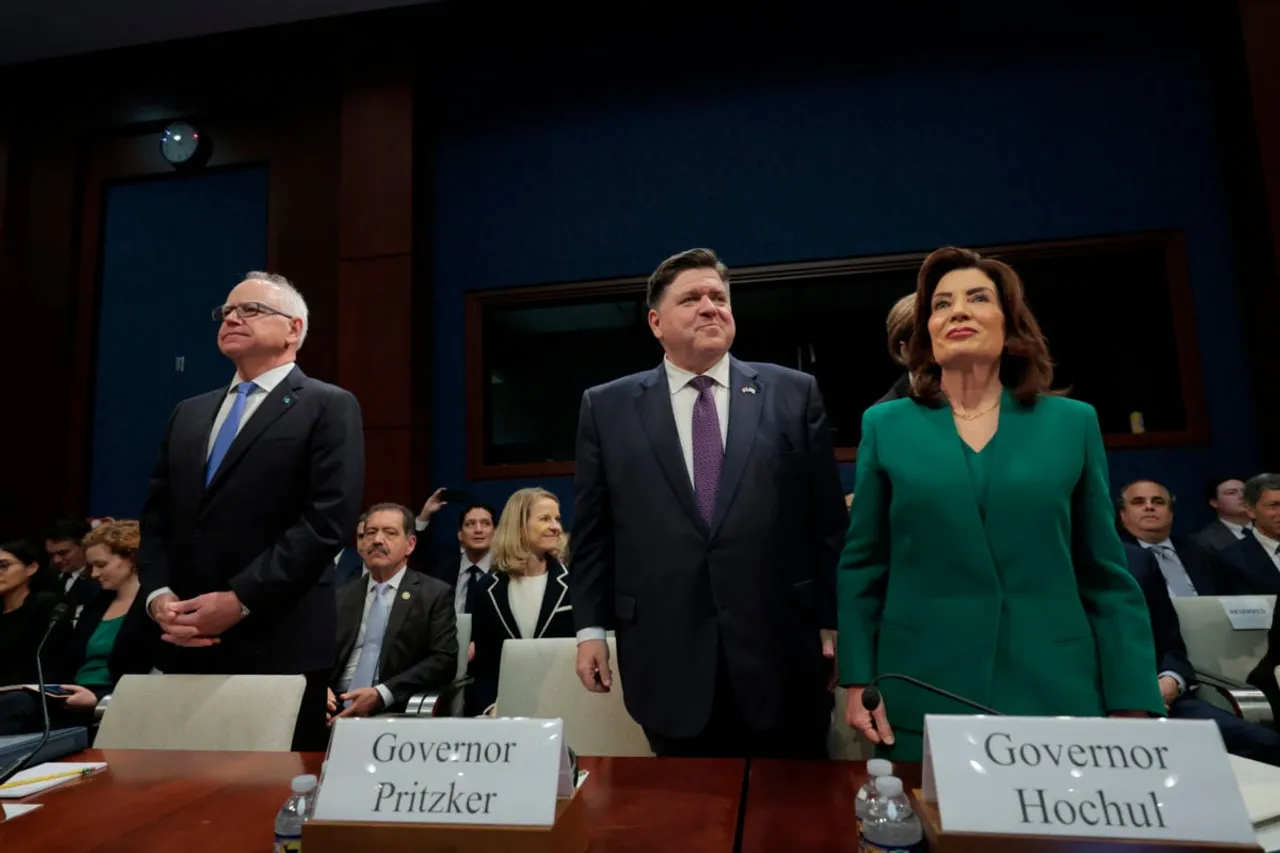 WASHINGTON, DC - JUNE 12: (L-R) Minnesota Gov. Tim Walz, Illinois Gov. J.B. Pritzker and New York Gov. Kathy Hochul arrive for a hearing with the House Oversight and Accountability Committee at the U.S. Capitol on June 12, 2025 in Washington, DC. The committee held the hearing titled "A Hearing with Sanctuary State Governors" and questioned governors about their state immigration policies. (Photo by Anna Moneymaker/Getty Images)