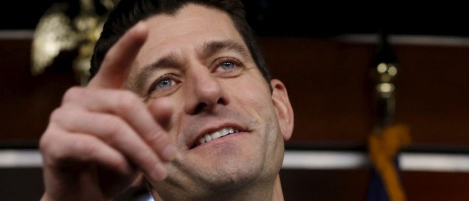 Ryan calls on a reporter during a weekly news conference at the U.S. Capitol in Washington