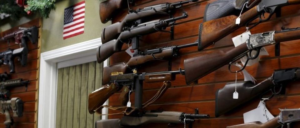 Firearms are shown for sale at the AO Sword gun store in El Cajon