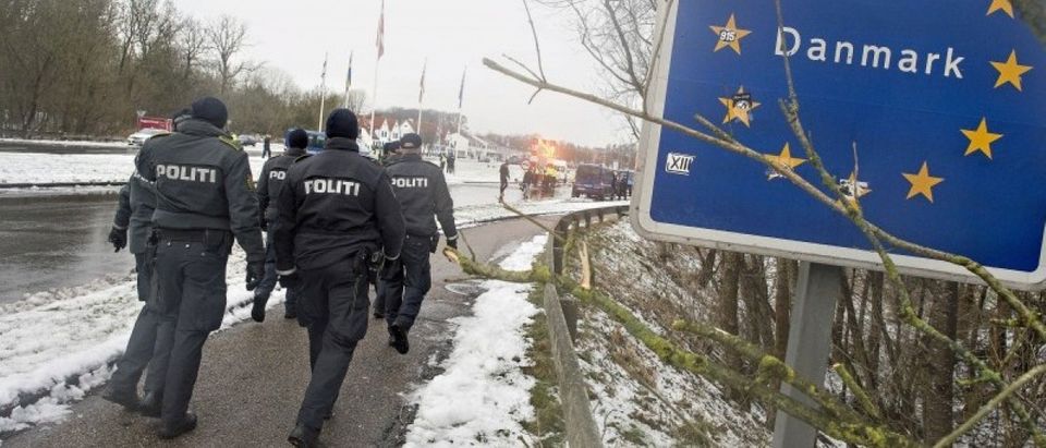 Police officers walk at the Danish-German border in Krusaa