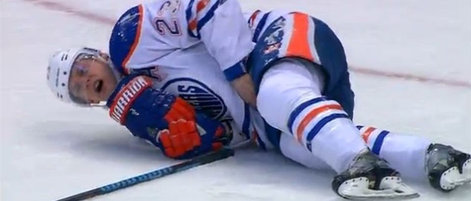Stick Save -- NHL Player Stops Slapshot With The Worst Body Part Possible (screenshot)