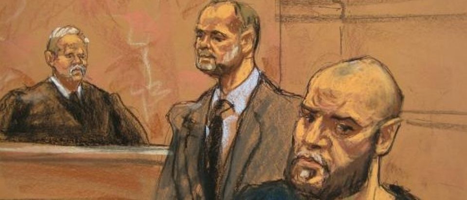 Muhanad Mahmoud Al Farekh, (R) appears with his defense lawyer Sean Maher (C) in federal court in Brooklyn, New York, January 7, 2016, in this courtroom sketch. (REUTERS/Jane Rosenberg)