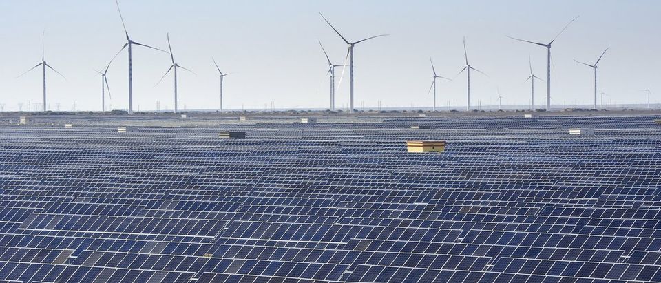 Workers walk past solar panels and wind turbines (rear) at a newly-built power plant in Hami, Xinjiang Uighur Autonomous Region, China, September 17, 2015. China's power consumption in August rose 1.9 percent from a year earlier to 512.4 billion kilowatt-hours (kWh), figures from the country's National Energy Administration (NEA) showed on Tuesday. Picture taken September 17, 2015. REUTERS/Stringer