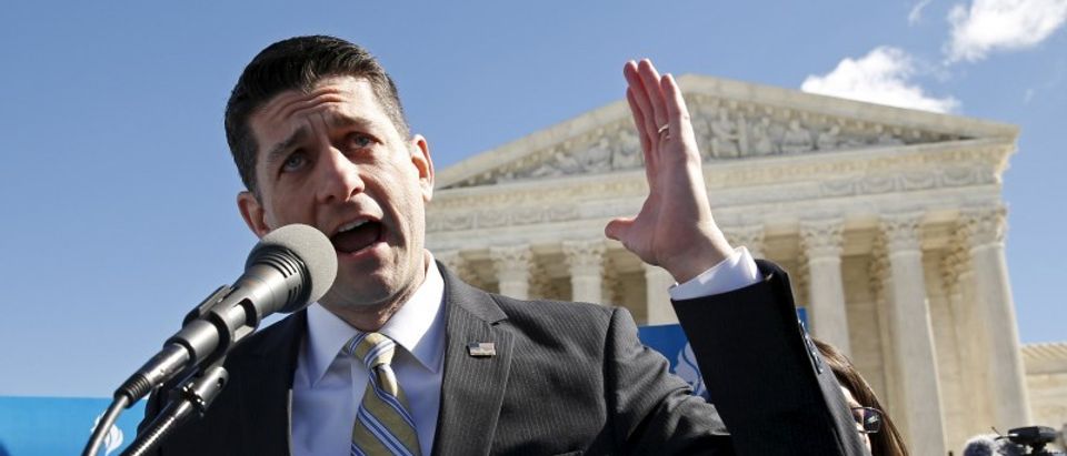 U.S. Speaker of the House Paul Ryan speaks demonstrators outside the U.S. Supreme Court on the morning the court takes up a major abortion case focusing on whether a Texas law that imposes strict regulations on abortion doctors and clinic buildings interferes with the constitutional right of a woman to end her pregnancy in Washington March 2, 2016. REUTERS/Kevin Lamarque
