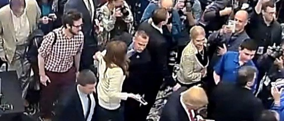 Corey Lewandowski is seen allegedly grabbing the arm of reporter Michelle Fields in this still frame from video