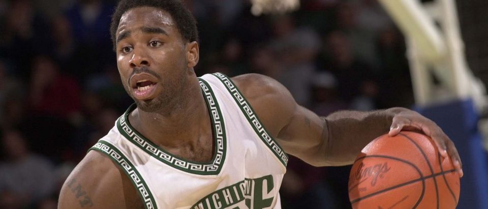 Mateen Cleaves of Michigan State University moves the ball upcourt against Valparaiso University during the first round of the NCAA Tournament Midwest Regionals at Cleveland State University Convocation Center in Cleveland