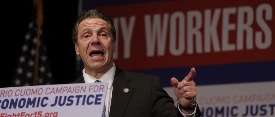 New York Governor Cuomo speaks at a union rally for higher minimum wages in New York