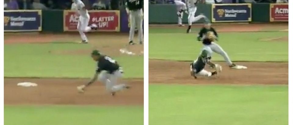College Shortstop Turns Impossibly Acrobatic Double Play (screenshot: Streamable)