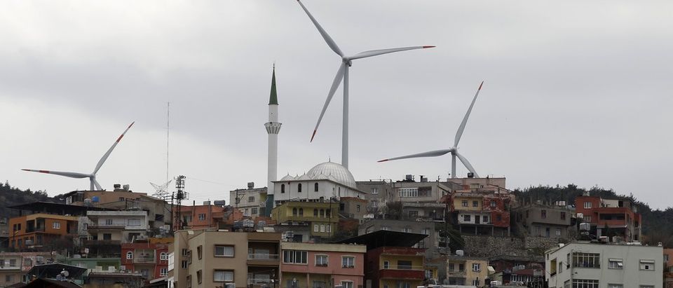Wind turbines are seen in the town of Belen in Hatay province, southern Turkey