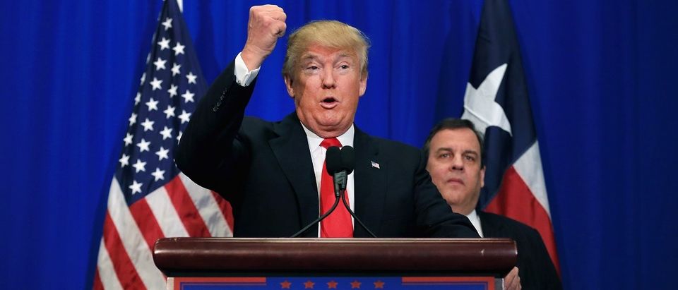 Republican presidential candidate Donald Trump announces that New Jersey Governor Chris Christie officially supports the Trump campaign during a rally at the Fort Worth Convention Center on February 26, 2016 in Fort Worth, Texas. Trump is campaigning in Texas, days ahead of the Super Tuesday primary. (Photo by Tom Pennington/Getty Images)