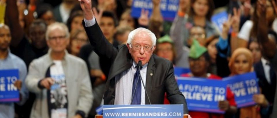 Democratic U.S. presidential candidate Bernie Sanders gestures as he speaks about the terror attack in Brussels during a campaign rally in San Diego