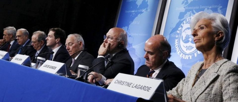 Gurria, Padoan, Osborne, Schaeuble, Sapin, Guindos and Lagarde hold a news conference at the IMF/World Bank Spring Meetings in Washington