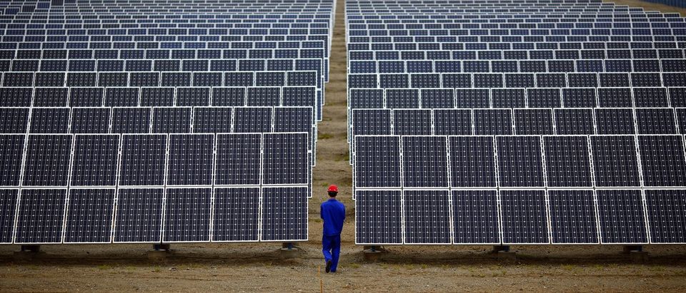 A worker inspects solar panels at a solar farm in Dunhuang, 950km northwest of Lanzhou, Gansu Province